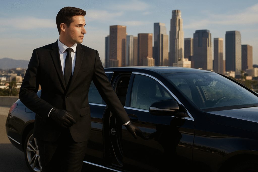 4dfc37ed-f399-4314-ba71-7593b3aaa188 professional chauffeur opening a luxury car door against the Los Angeles skyline